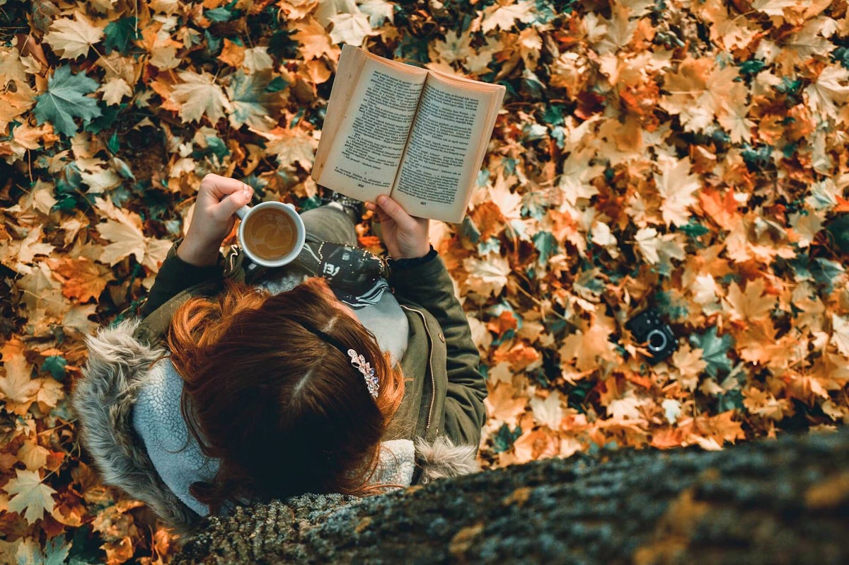 自然の中で読書する女性