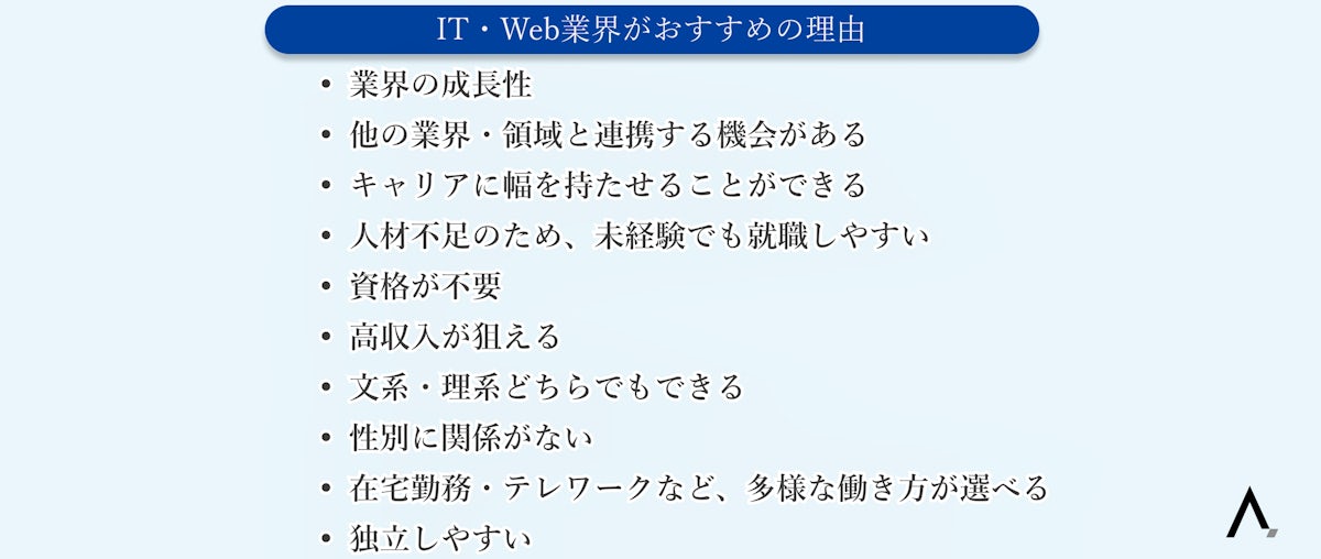 IT・Web業界がおすすめの理由10個が箇条書きされた図