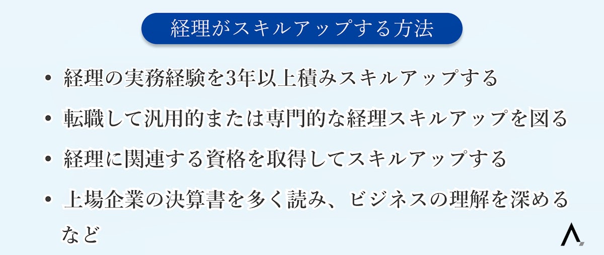 経理がスキルアップする方法4つが箇条書きされた図