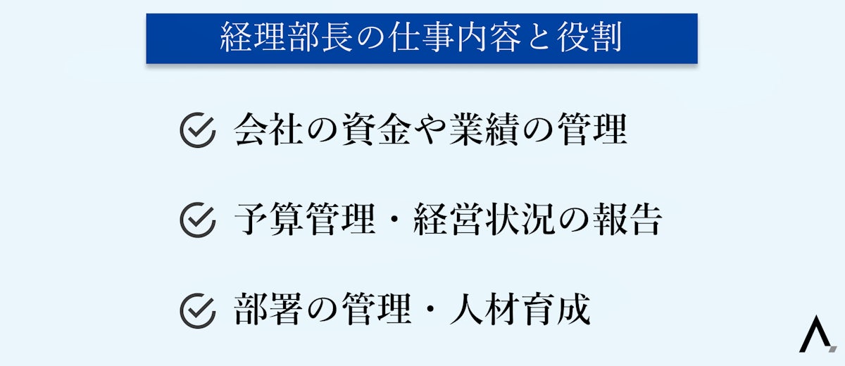 経理部長の仕事内容と役割3つが箇条書きされた図