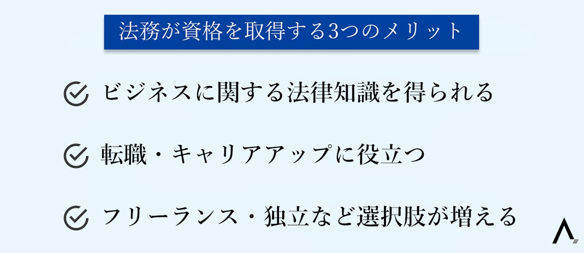 法務が資格を取得する3つのメリットが箇条書きされた図