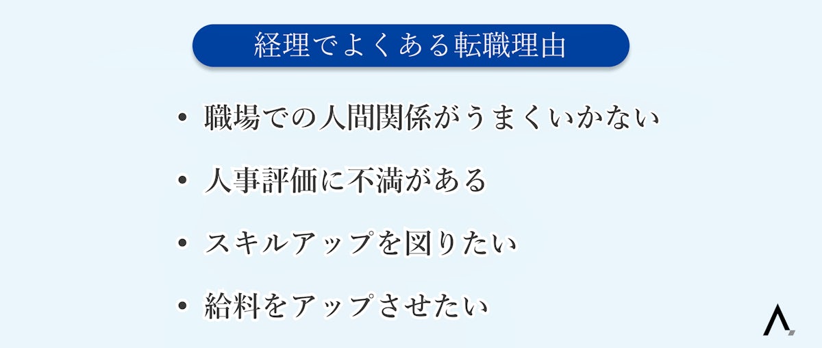 経理でよくある転職理由4つが箇条書きされた図