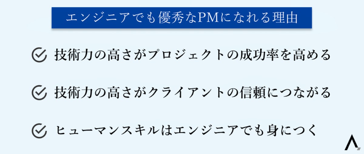 エンジニアでも優秀なPMになれる理由3つが箇条書きされた図